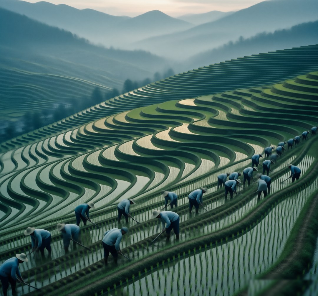 层叠的梯田:投入更多劳动力,单位面积产量上升,人均产量不变